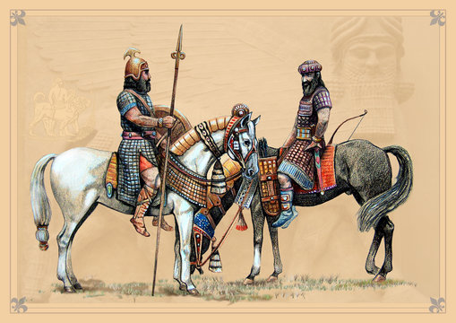 Assyrian riders. Handmade historical illustration.