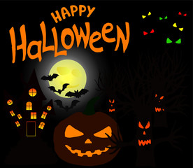 Happy Halloween hand sketched text.  Celebration quotation with bats, trees, pumpkin, scary house on moon background.