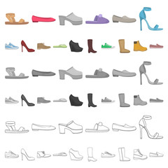 A variety of shoes cartoon icons in set collection for design. Boot, sneakers vector symbol stock web illustration.