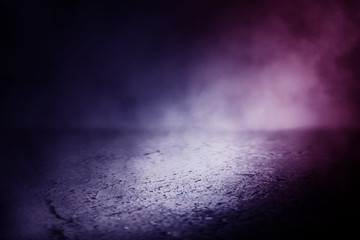 Background of an empty dark room. Empty walls, lights, smoke, glow, rays