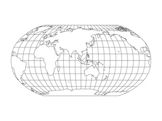 World Map in Robinson Projection with meridians and parallels grid. Asia and Australia centered. White land with black outline. Vector illustration.