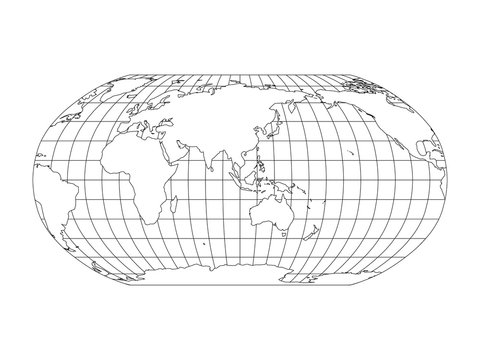 World Map in Robinson Projection with meridians and parallels grid. Asia and Australia centered. White land with black outline. Vector illustration.