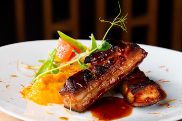 Marinated roasted young Pork Belly in the Honey sauce and mango purree