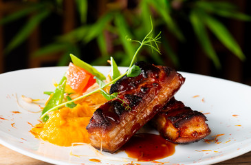 Marinated roasted young Pork Belly in the Honey sauce and mango purree
