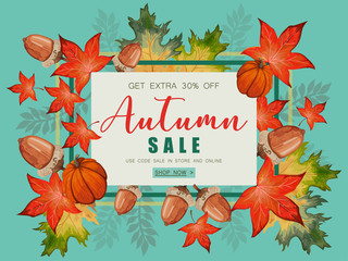 Banner for Autumn sale with fall leaves and pumpkin.