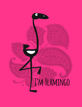 Cute flamingo silhouette on floral background, sketch for your design
