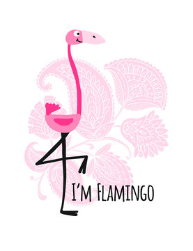 Cute pink flamingo on floral background, sketch for your design