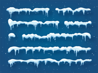 Snow, ice cap with shadow. Snowfall and snowflakes. Winter season. Blue background. Christmas and New Year time. - obrazy, fototapety, plakaty