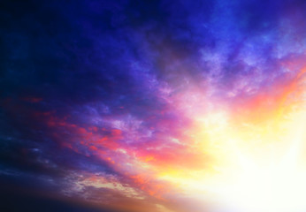 Light from sky . Religion background . Abstract big explosion .  background sky at sunset and dawn  . Rays of light through clouds . Beautiful sky . 