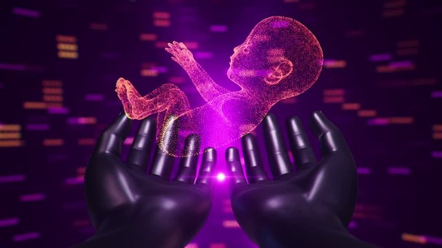 Abstract scientific movie with hands of human and unborn baby from the womb. Animation of seamless loop.