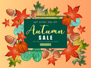 Banner for Autumn sale with fall leaves and pumpkin.