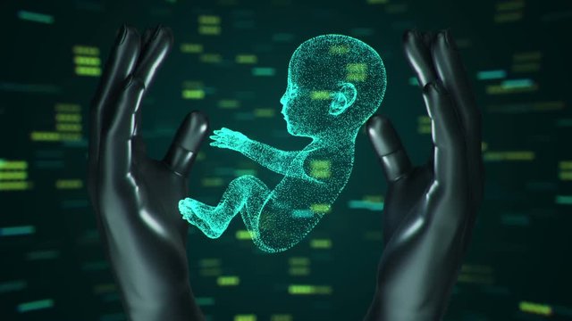 Abstract scientific movie with hands of human and unborn baby from the womb. Animation of seamless loop.
