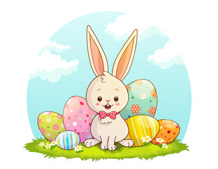 Cute white rabbit sitting in front of Easter eggs  with blue sky and clouds background. Hand drawn vector illustration.