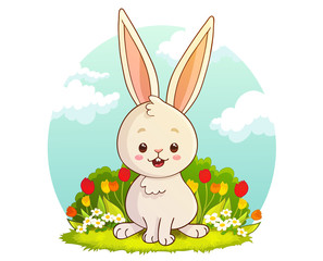 Cute white easter rabbit sitting on grass with tulips and daisies. Blue sky with clouds backgound. Vector illustration.