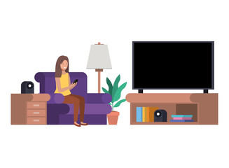 woman in the livingroom with smartphone avatar character