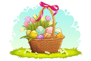 Colorful Easter eggs and tulips in wicker basket  on grass with white flowers. Vector illustration.