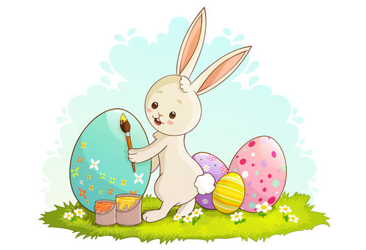 Cute white rabbit decorating easter eggs laid on the grass with paint. Vector illustration isolated on white background.
