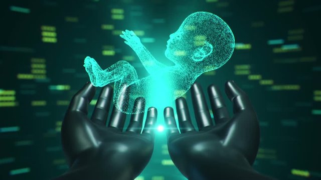 Abstract scientific movie with hands of human and unborn baby from the womb. Animation of seamless loop.