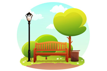 Illustration of bench and streetlight with bushes and trees in summer. Vector illustration.
