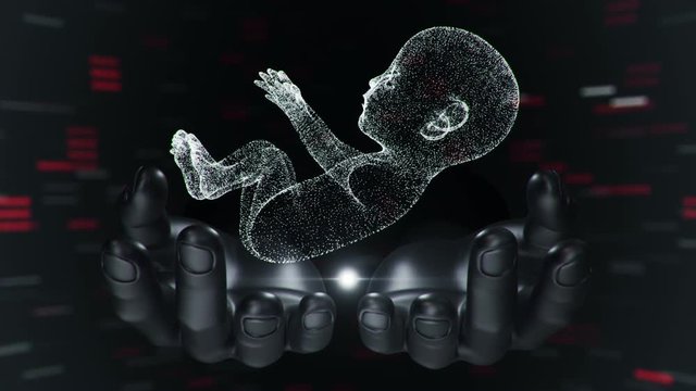 Abstract scientific movie with hands of human and unborn baby from the womb. Animation of seamless loop.
