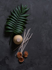 aroma reed diffuser home fragrance with rattan sticks on a black background with palm leaves and shadows.