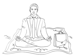 isolated object coloring, black lines, white background. Businessman on the carpet, meditation. man flies to work. Imitation of comics style. Vector