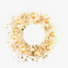 Christmas composition. Christmas gold wreath of golden sequins and decorations on white background. Flat lay, top view, copy space 