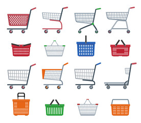 Set of shopping trolleys and shopping baskets. Isolated on white background. Flat vector illustration.   © alazur