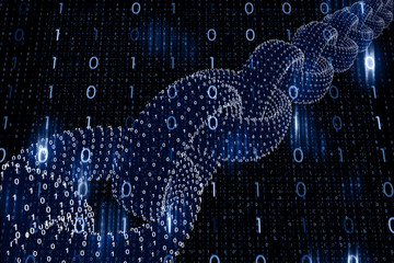 Conceptual shiny business blockchain chain with binary numbers on cryptocurrency illustration background.