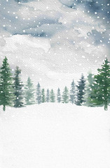 Watercolor Winter Snow Pine Trees Background