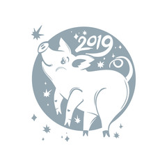 Piglet and stars. 2019. Flat pattern round vector symbol. Year of the Pig on the Chinese calendar. 