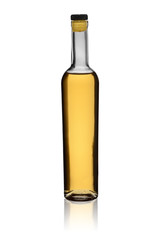 glass bottle of the matured brandy or whisky with reflection on a white background