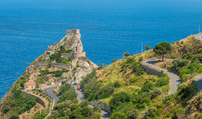 Panoramic view from Forza d'Agrò, with the Saracen Castle in the background. Province of Messina, Sicily, southern Italy.