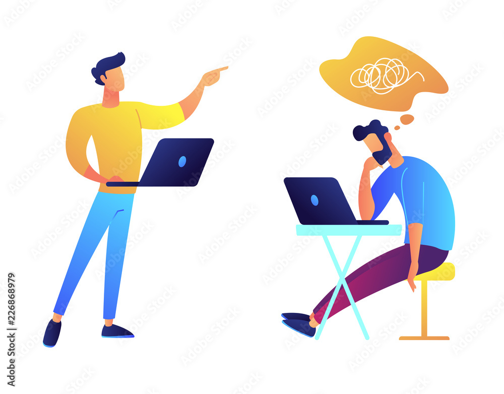 Poster programmers working together and solving problem vector illustration.