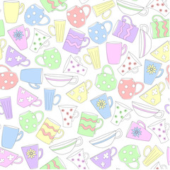 Cups seamless vector pattern. Colored cups and mugs on white background.  