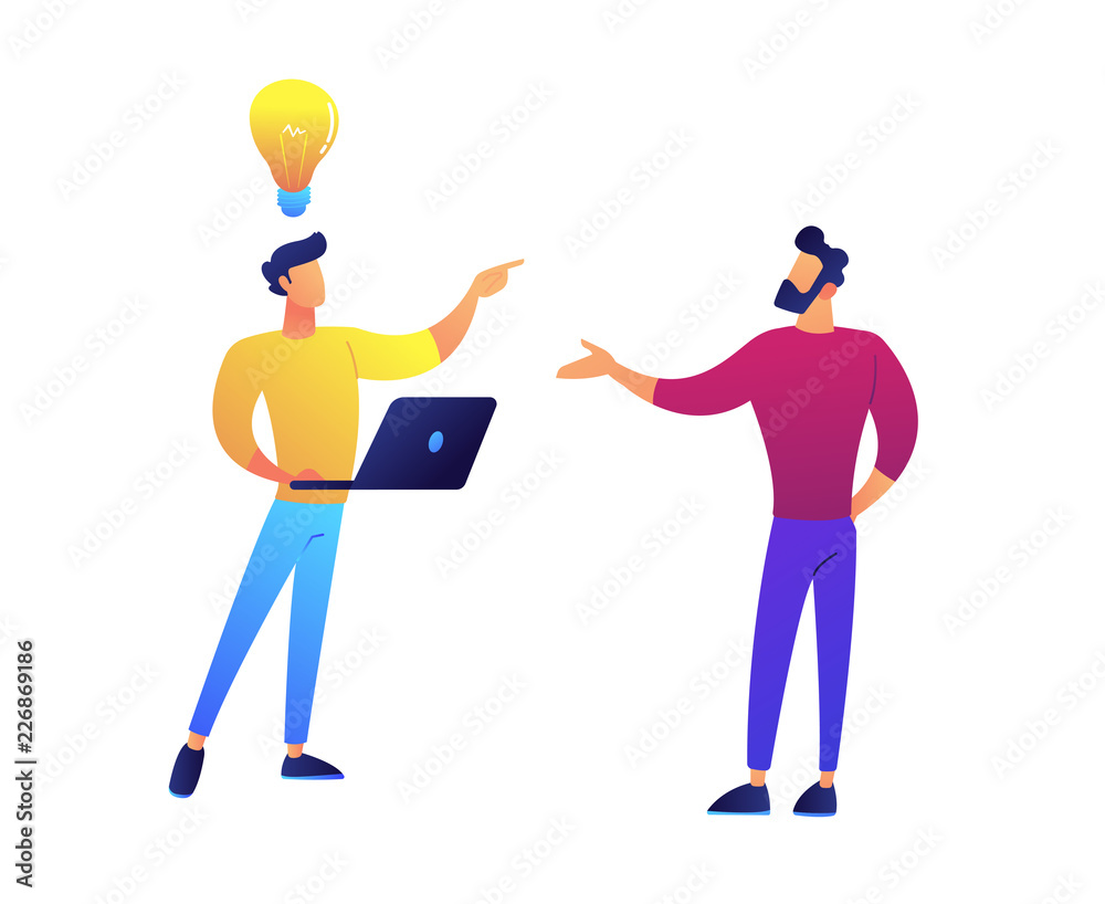 Poster two programmers brainstorm and having idea vector illustration