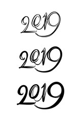 Three handwriting figures 2019 to the calendar of the coming year. Imitation of writing with a brush and ink. Vector template design. 