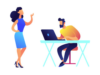 Fototapeta premium Businesswoman talking and businessman working on laptop vector illustration.
