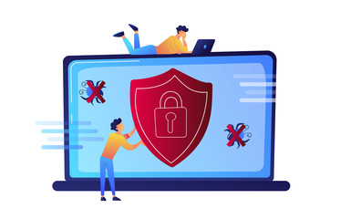 Programmer trying to protect his laptop from virus vector illustration