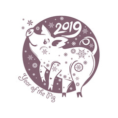 Year of the Pig. 2019. Circle with cute piggy and snowflakes. Vector template New Year's design. Funny pig in snowflakes.