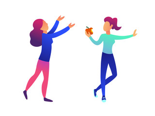 Woman eating an apple and another woman with hands up vector illustration