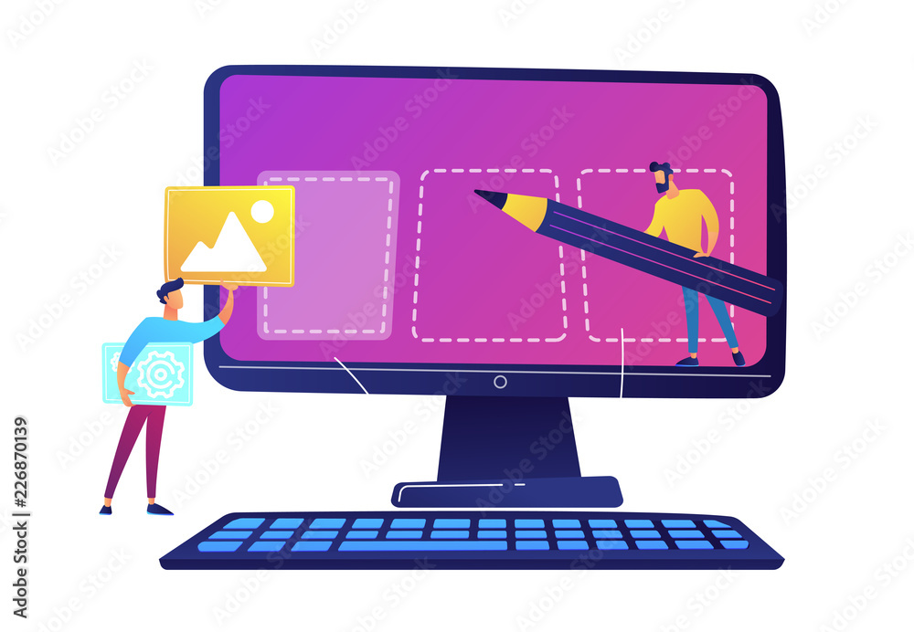 Poster it specialists team creating webpage on computer screen vector illustration.