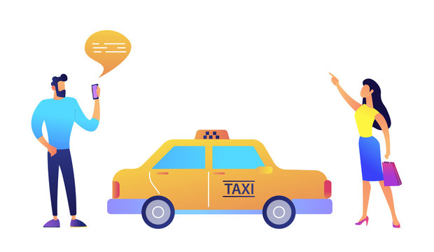 Businessman ordering a taxi from smartphone and businesswoman catching it vector illustration.