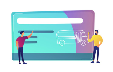Two men near huge public transport travel card with bus vector illustration