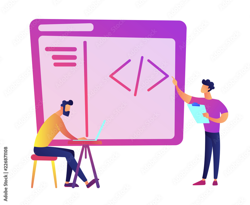 Poster programmers with laptop coding vector illustration.