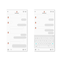 Social network smartphone chatting messenger concept template. Modern light color messenger app template with grey chat bubbles and keyboard. Vector Mockup dialogues composer.