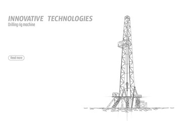 Onshore Oil Gas Drilling Rig. Raw material economy finance business concept. Petroleum industrial well machine ecology. Low poly glowing night silhouette 3D render polygonal vector illustration