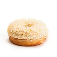Donut with cream and coconut, isolated on white background. View from side.