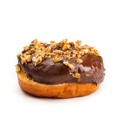 Donut with chocolate and nutmeg and jam, isolated on white background. View from side.