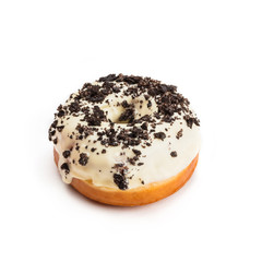 Donut with white cream and chocolate, isolated on white background. Viewing forty-five degrees.